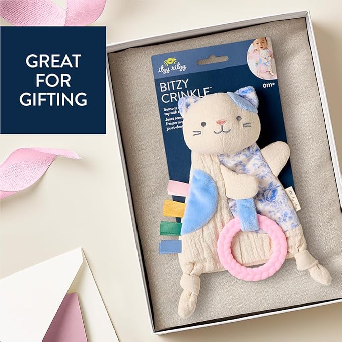 Itzy Ritzy - Bitzy Crinkle Sensory Toy Kitty with Crinkle Sound for Babies & Toddlers - Features Soft Braided Teething Ring & Textured Ribbons, Designed for Ages 0 Months and Up, Kitty
