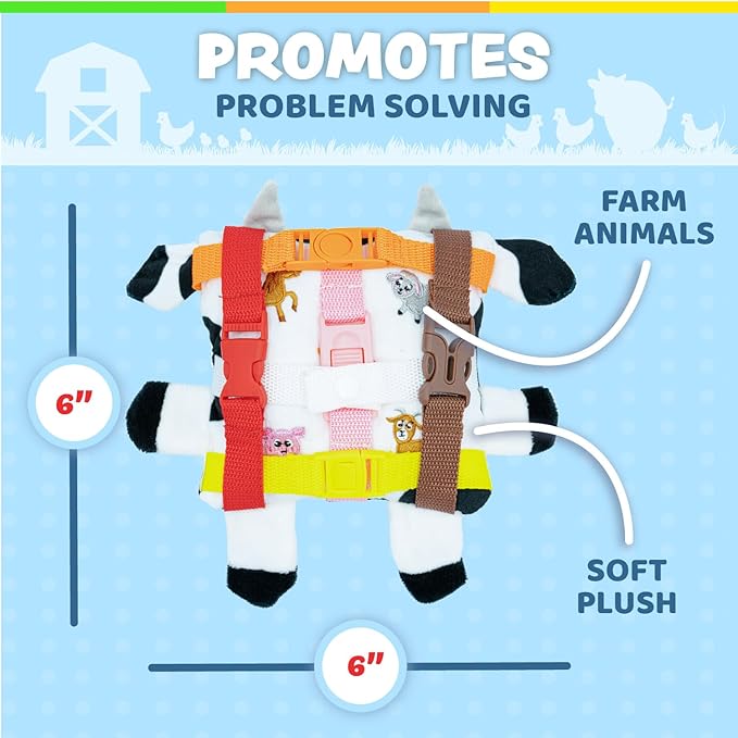 Buckle Toys Bessie Cow Stuffed Animal Plush Montessori Toys for Toddlers 1-3 Sensory Toys to Develop Fine Motor Skills and Learn Shapes and Colors, Travel Essentials for Kids, Includes Storage Pocket