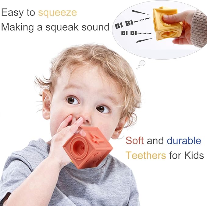 Mini Tudou Baby Blocks Soft Building Blocks Baby Toys Teethers Toy Educational Squeeze Play with Numbers Animals Shapes Textures 6 Months and Up 12PCS