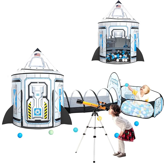3pc Kids Play Tent for Girls with Ball Pit, Crawl Tunnel, Princess Tents for Toddlers, Baby Space World Playhouse Toys (3PC White Rocket Play Tent)