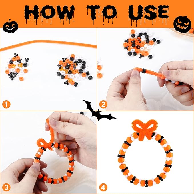 Hicarer 1250 Pieces Halloween Pony Beads DIY Kit Including 600 Pieces Halloween Crafts Pony 600 Pcs TRI Beads 50 Pcs Chenille Stems for Decor