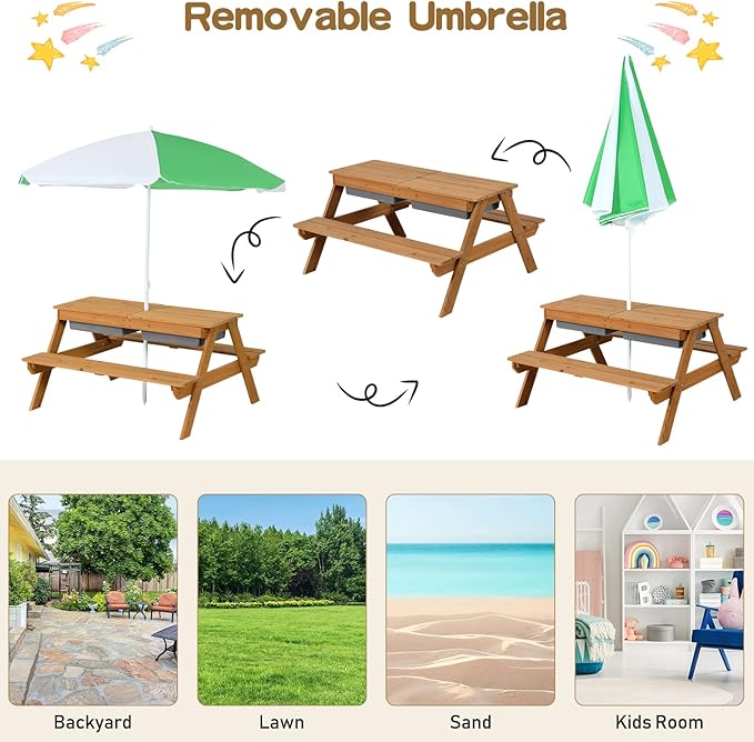 Costzon Kids Picnic Table with Sensory Bins, 4 in 1 Sand and Water Table with Height Adjustable Umbrella, Removable Tabletop for Outdoor Backyard Patio Play