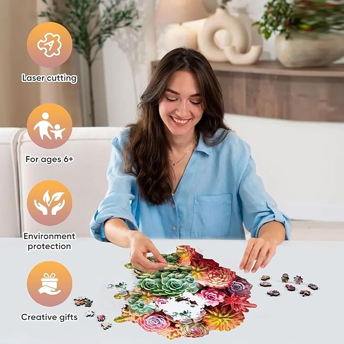 Wooden Puzzles for Adults, Colorful Succulent Puzzle for Mom, Challenging Puzzle, 200 Piece Luxurious Shaped Wooden Puzzles for Family Game 11.3 * 10.5in