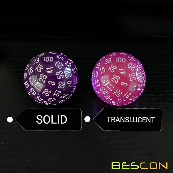 Bescon Translucent Polyhedral Dice 100 Sides, Transparent D100 die, 100 Sided Cube, D100 Game Dice,100-Sided Cube of Purple