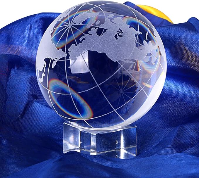 OwnMy 80mm World Globe Crystal Ball Glass Sphere Display Globe Paperweight Healing Meditation Ball with Clear Stand for Creative Gift