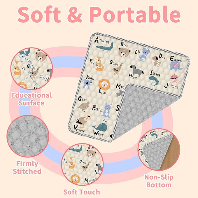 Baby Play Mat for Floor, 50x50 Playpen Mat, Soft Portable, Non-Slip Crawling Mat Machine Washable Foldable Playmate for Babies,Toddlers, Infants Indoor/Outdoor Use, Alphabet & Animal Design