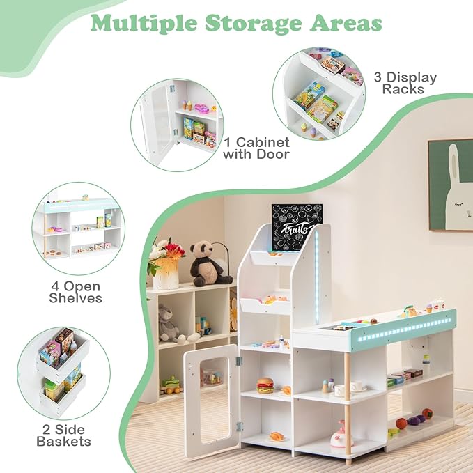 HONEY JOY Kids Grocery Store Playset, Wooden Supermarket Playset w/Cash Register & Working Conveyor, Checkout Counter Stand w/Lights, Food, Grocery Store Pretend Play for Toddler Boys Girls(White)