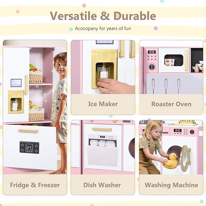 Kinder King Wooden Kids Play Kitchen, Toy Kitchen Playset for Toddler, Play Kitchen Set w/Transparent Coloring Board, Pretend Fridge, Washing Machine, Ice Maker, Gift for Boys Girls Age 3+, Pink