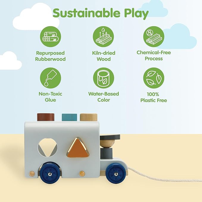 PlanToys Shape Sorting Bus Wooden Pull Toy - Non-Toxic, Sustainably-Made Pull Along Wooden Toy