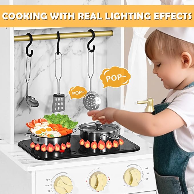 JOYLDIAS Play Kitchen, Wooden Kids Play Kitchen Playset Chef Pretend Play Set for Toddlers w/Ice Cube Dispenser, Oven, Cooking Accessories,Trendy Home Style w/Curtains, Storange Box, Gift for Ages 3+