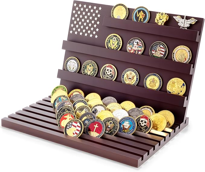 Challenge Coin Display Stand - 11 Rows Military Coins Holder Rack, Wooden Coin Collection Case for Table Top Display