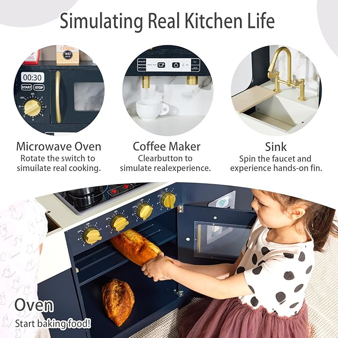 Wooden Play Kitchen for Kids with 14 Pcs Accessories, Interactive Pretend Play Kitchen Toys Set with Realistic Features, Learning Toy Gift for Boys & Girls Ages 3+ (Dark Blue)
