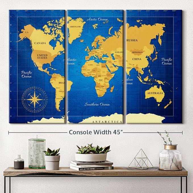 ElephantStock Yellow Longitude World Map Multi Piece Canvas - 3 Panel Wall Decor - Map of the World Art - Canvas for the Office and Home - 45" X 28"