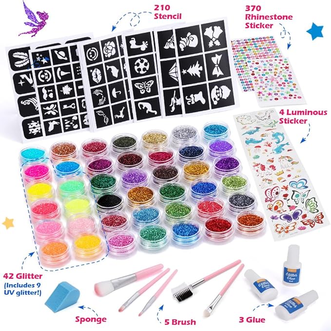 Temporary Glitter Tattoo Kids, Bledras 42 Glitter Colors Glitter Tattoo Kit,210 Unique Stencils,3 Glue,5 Brushes,6 Stickers, Glitter Tattoos for Kids,Adults,Boys Girls Birthday Party Halloween