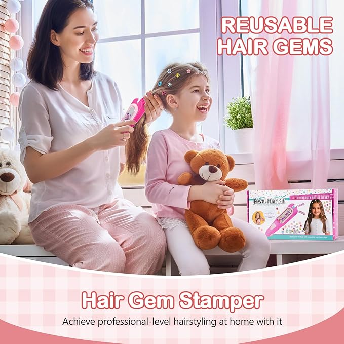 Hair Gem Stamper Kit,Bling Hair Jewels for Girls, Hair Styling Tool with Reusable Shining Diamonds, Christmas Birthday Arts & Crafts Gift for 5-12 Year Old Girl