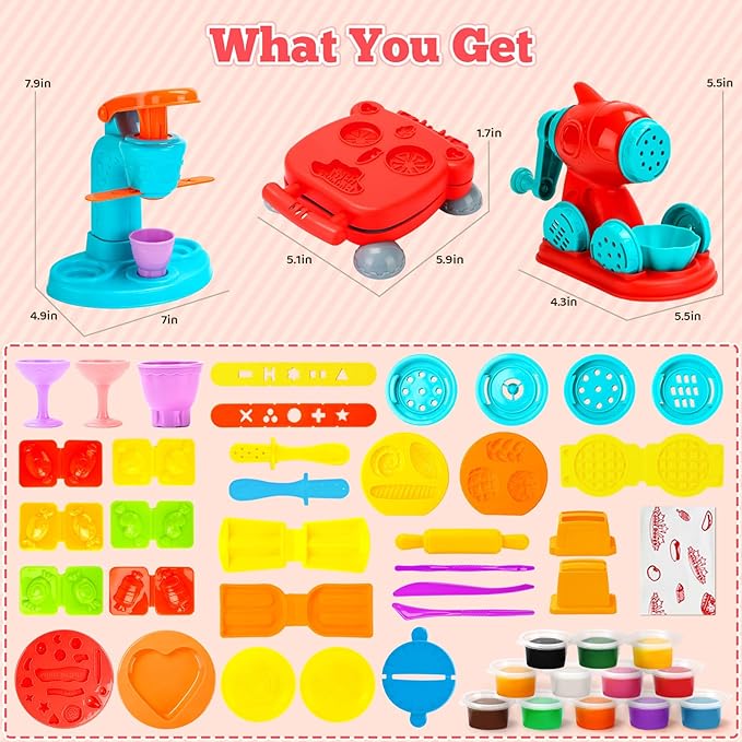 3 in 1 Dough Sets 59 PCS for Kids Ages 4-8, Dough Tools Kit with Ice Cream Noodle Hamburger Maker Machine, Kitchen Creations Art Crafts Food Play Toys for Boys Girls Kids Toddlers Ages 3+