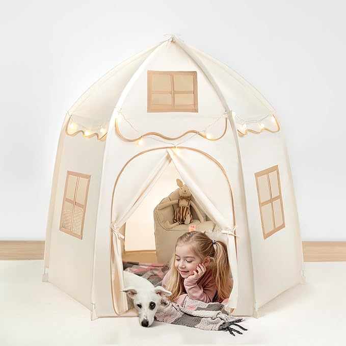 besrey Hexagonal Kids Play Tent, Large Children's Fort with Star Lights, Easy Setup for Indoor Outdoor Playhouse, Gift for Boys Girls, White