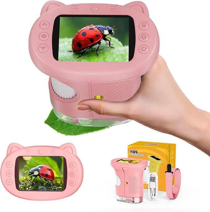 Kids Microscope, 1000X Handheld Mini Microscope, 2.4'' Portable Digital Microscopes, Photo and Video Microscopes, Educational Science Kit Toys for Age 3-10 Girls&Boys(Light Pink)