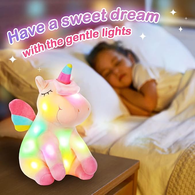 Athoinsu Light up Pink Unicorn Stuffed Animal Soft Plush Toy with LED Colorful Night Lights Glowing Birthday Children's Day Gifts for Kids Toddler Girls Women, 12''