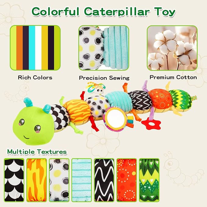 Baby Toys Musical Caterpillar for 0-12 Months, Infant Stuffed Animal with Mirror, Crinkle & Rattle, Tummy Time Toy for Newborn 3 6 9 12 18 Months, for Boys and Girls