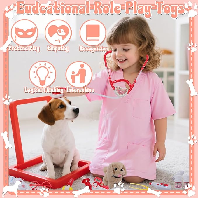 TEUVO Toy Doctor Kit for Girls - Pretend Play Doctor Sets with Dog Toy, Carrying Bag, Stethoscope Toy & Dress Up Costume - Doctor Play Gifts for Kids Toddlers Ages 1 2 3 4 5 6 7 Year Old for Role Play