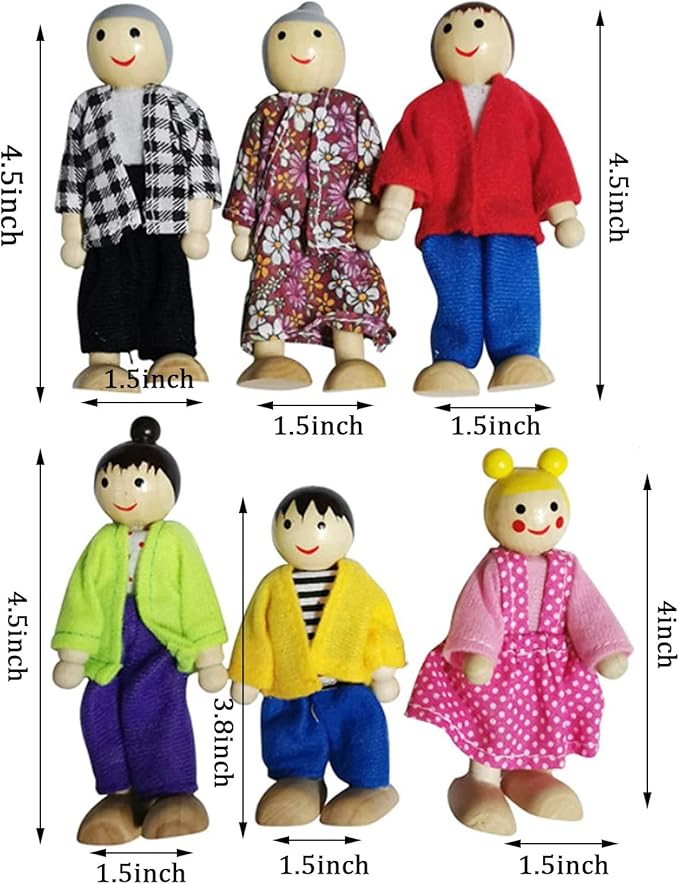 Wooden Dollhouse People, 6 Family Figures Miniature Doll House, Wooden Doll House Family Dress-up Characters Grandpa, Grandma, Mom, Dad, Boy and Girl