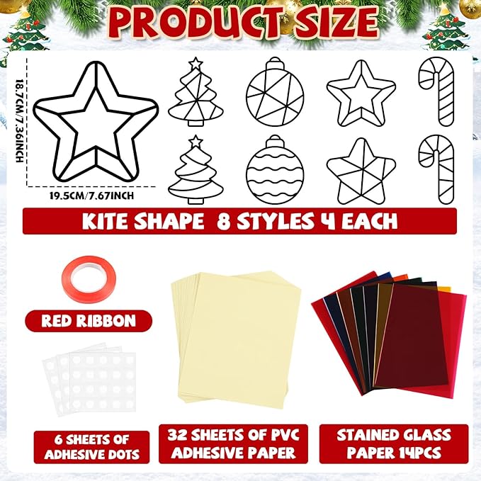 QOUBAI 32 Sets Christmas Theme Suncatchers Craft Kit DIY Window Stained Glass Effect Christmas Theme Paper Crafts Home School Classroom Decoration Kid Birthday Gift Creative Art Project Activity Game