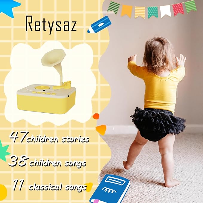 Retysaz Kids Phonograph with 96 Cards, Story Music Player for Kids 3-6 Musical Sensory Toy for boy Girl,Toddler Audio Pre-Kindergarten Toy Early Childhood Education Present Birthday (Yellow)