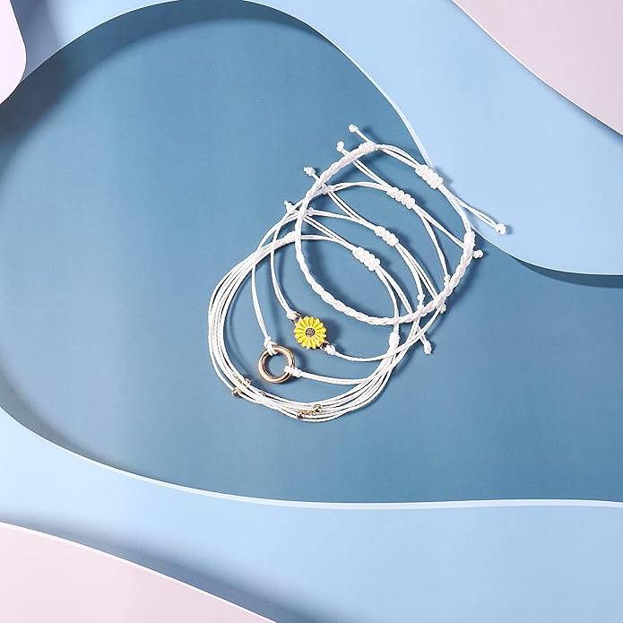 FANCY SHINY Sunflower String Bracelet Boho Braided Rope Wrap Bracelets Cute Summer Beach Surfer Jewelry for Women Christmas Gifts