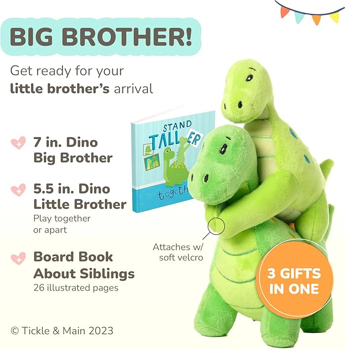 Tickle & Main Big Brother Gift Dinosaur Stuffed Animal Set - 3-Piece, Green, Ages 2+ - Sibling Matching Plush Dinosaurs with Stand Taller Together Book - Sibling Gifts