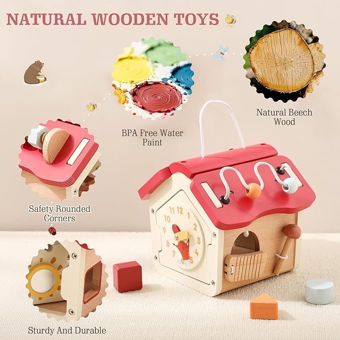 let's make Wooden Activity Cube 10-in-1 Montessori Toys Multi-Functional House Educational Toys Sensory Learning Activity Cube for Toddlers Babies 1st Birthday Gift