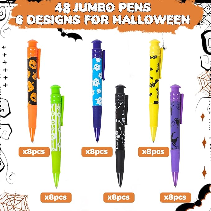 Letapapa Halloween Party Favor for Kids, 48 Pcs Halloween Jumbo Pens in 6 Designs, Halloween Toys, Goodie Bag Stuffers Fillers, Trick or Treat, School Classroom Rewards