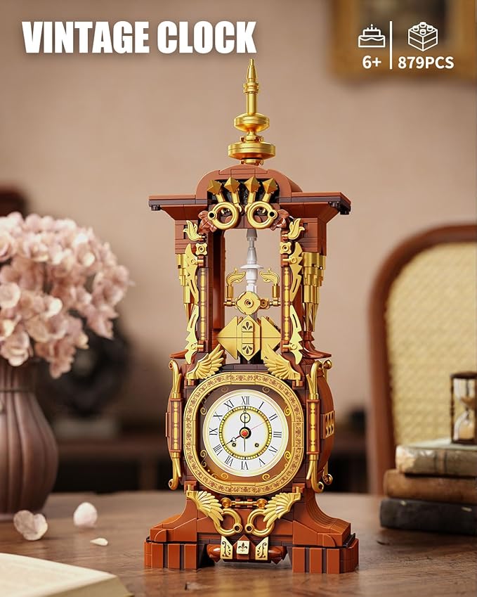 Vintage Clock Building Block Set, Stem Toy with Real Clock Function and Controllable Lighting, Technic Building Kit, Unique Home Decoration and Collectible, Birthday Gifts for Adults & Kids 6-12