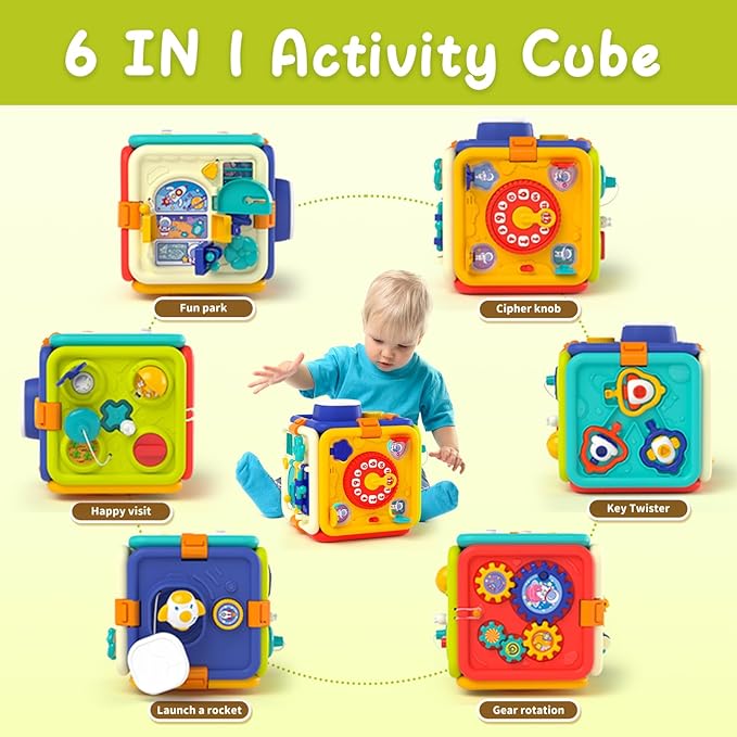 Busy Board for 1+ Year Old Girl & Boy Gifts, Montessori Toys for 1 2 3 4 Year Old Toddler, 6-in-1 Educational Early Development Toys for Toddlers 2-4, Christmas, Birthday Gift for 1-4 Year Old Kids