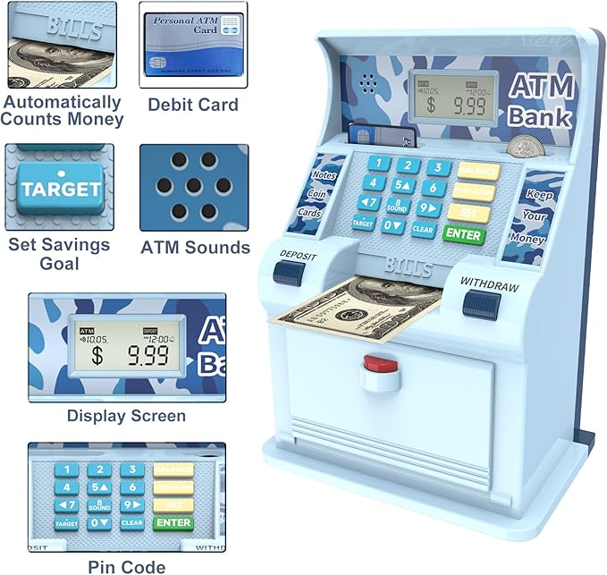 ATM Piggy Bank for Kids，ATM Bank Cash Coin Saving for Real Money with Debit Card，Coin Recognition, Balance Calculator, Electronic Savings Safe Box，Gift for Ages 6-13 Piggy Bank