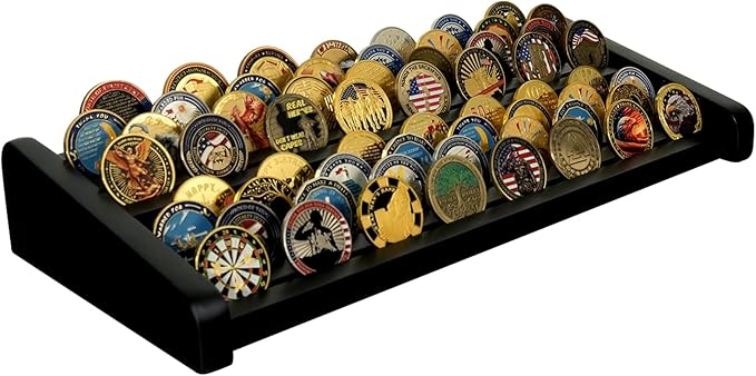 8 Rows Wooden Challenge Coin Display Holder for Countertop - 2 Tiers Military Coin Rack Stand Holds 60-70 Coins for Army Police Collectors, Black
