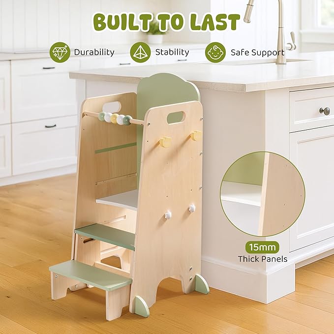 ROBUD Toddler Tower Adjustable Kitchen Stool Helper with Chalkboard, Hooks and Anti-Tip Design, Movable Kids Step Stool with Cute Safety Rail, Montessori Activity, Morandi Green