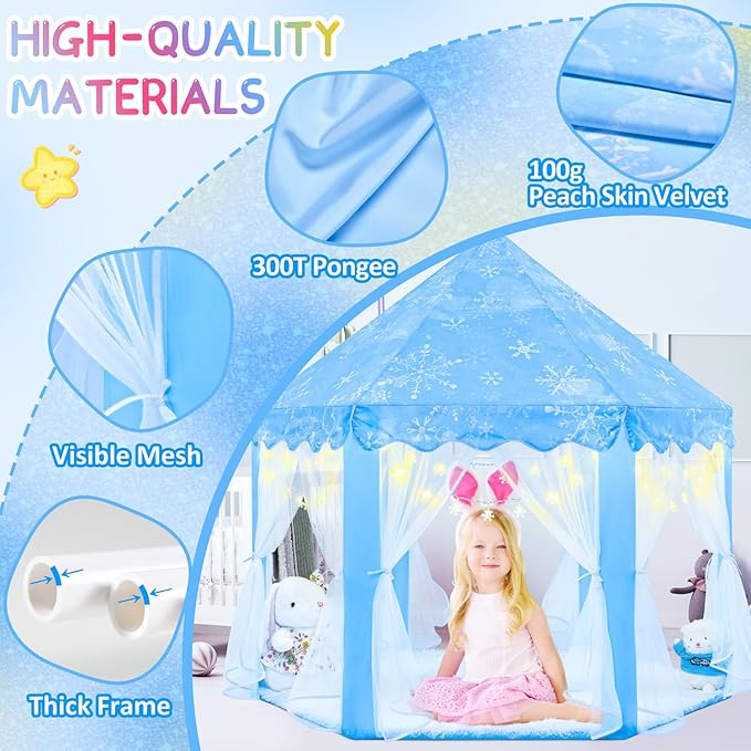 EVOIONOS Frozen Princess Tent for Girls, Kids Play Tent with Snowflake Lights, Castle Playhouse for Children Indoor Outdoor Games, 55 x 53 inches, Blue