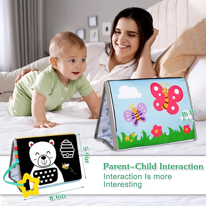 Tummy Time Mirror Baby Toys - Black and White High Contrast Baby Visual Stimulating Mirror Toys for Newborn - Montessori Infant Sensory Crinkle Toy for Babies Gifts 0 3 6 9 Months