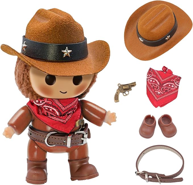 Western Cowboy Doll Clothes Set – 17cm Fashion Dolls Outfit with Hat, Scarf, Belt & Shoes for Display and Photoshoot