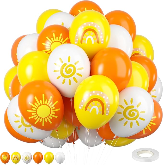 FEYG Sun Balloons, 12 inch Yellow Orange White Latex Balloons Boho Rainbow Sunrise Printed Latex Balloons Half Sun Sunshine Balloons for Sun Party Birthday Baby Shower Decoration Supplies