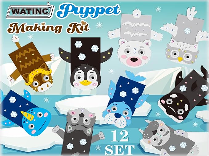 WATINC 12 Pcs Hand Puppet Making Kit, Art Craft Felt Sock Puppet Toys, Creative DIY Make Your Own Pompoms Wiggle Googly Eyes Storytelling Role Play Party Supplies Gift for Girls Boys (Polar Animals)