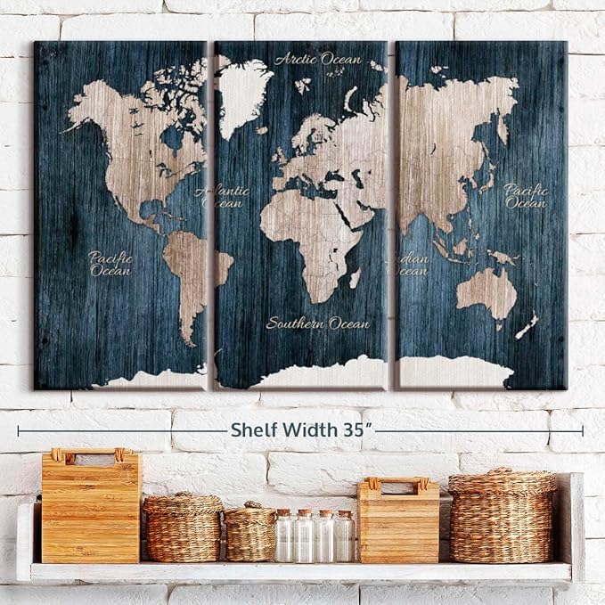 ElephantStock Aged Blue World Map I Canvas - 3 Panel Wall Decor - World Map Digital Art - Blue Wall Art - 33" X 20"