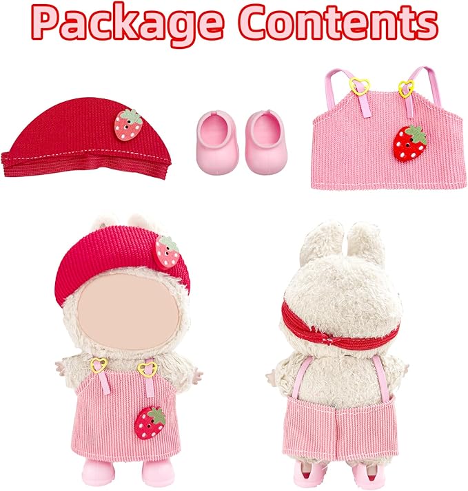 17cm Doll Clothes Set—3 Piece Set Hat Dress for 6.7in Plush Dol , Boys and Girls Stylish Adorable Dolls Clothes Accessories, Includes—Strawberry hat+Halter Dress+Shoes (Style C)