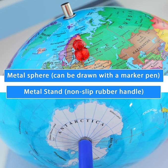 9" World Globe for kids Learning, Classroom Desk, Geographic Globe with iron Stand & colorful Magnetic Push Pins & magnifier & handkerchief, 360° Horizontal Rotation Educational World Globe, Blue