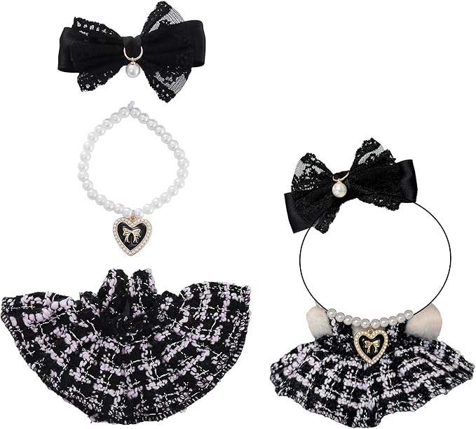 17cm Doll Clothes Set & Dolls Outfit 3-Piece Handmade Doll Clothing Set with Dress Necklace and Bow Accessories for 17cm Plush Dolls, Clothes Only, No Doll Included (Black)