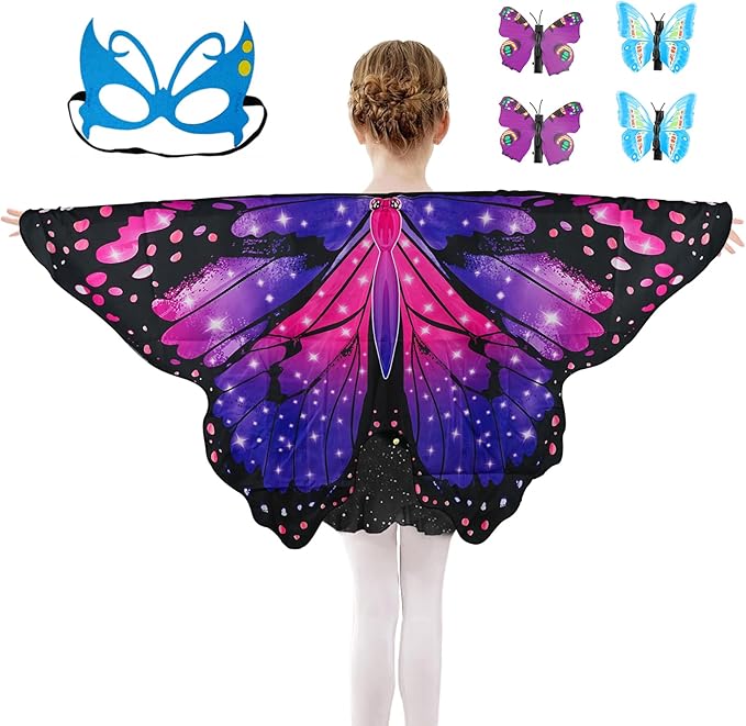 Butterfly Costume for Girls Fairy Wings Kids 4 Pcs(Cape,Skirts,Masks,Hair Clips) Butterfly Wings for Halloween Gifts