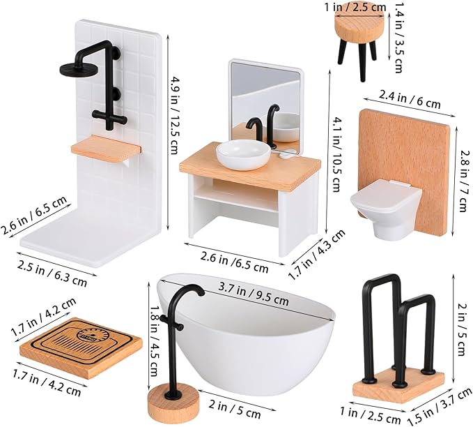 NUOBESTY Dollhouse Bathroom Set, 1 12 Scale Dollhouse Furniture 8pcs Miniature Doll House Bathroom Accessories with Mini Bathtub, Toilet, Shower Room for Doll House Decor Accessories
