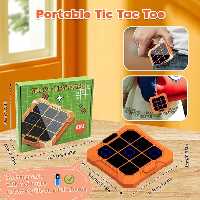 Tic Tac Toe Game, Upgraded 6 in 1 Electronic Tic Tac Toe Bolt Game Rechargeable with Mute Function, Handheld Puzzle Board Game Toys for Educational, Portable Travel Games Gifts for Kids and Adults