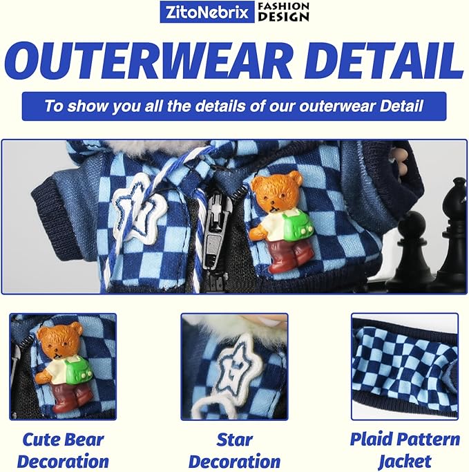 Cloth for Doll, 5-Piece Blue Streetwear Outfit for 17cm &15cm(NO Doll) – Trendy Blue Coordinated Set + Headband + Scarf + Jacket & Pants + Canvas Shoes-Handmade